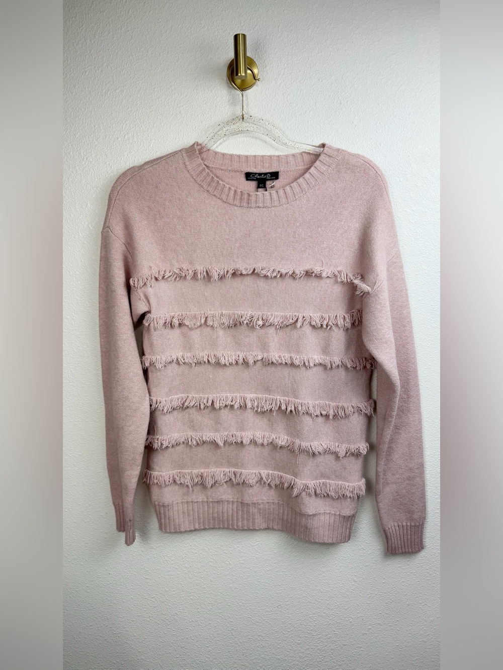 Charlie B Blush Pink Fringe Crewneck Knit Pullover Sweater Size P/S